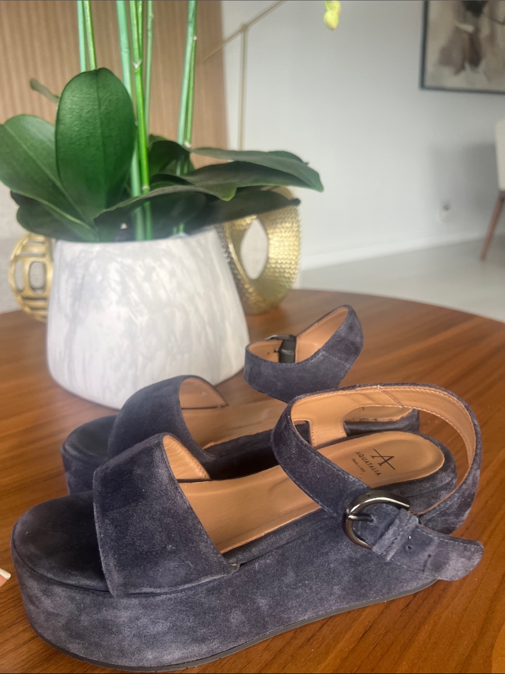Aquatalia Navy Suede Platform Ankle-Strap Sandals